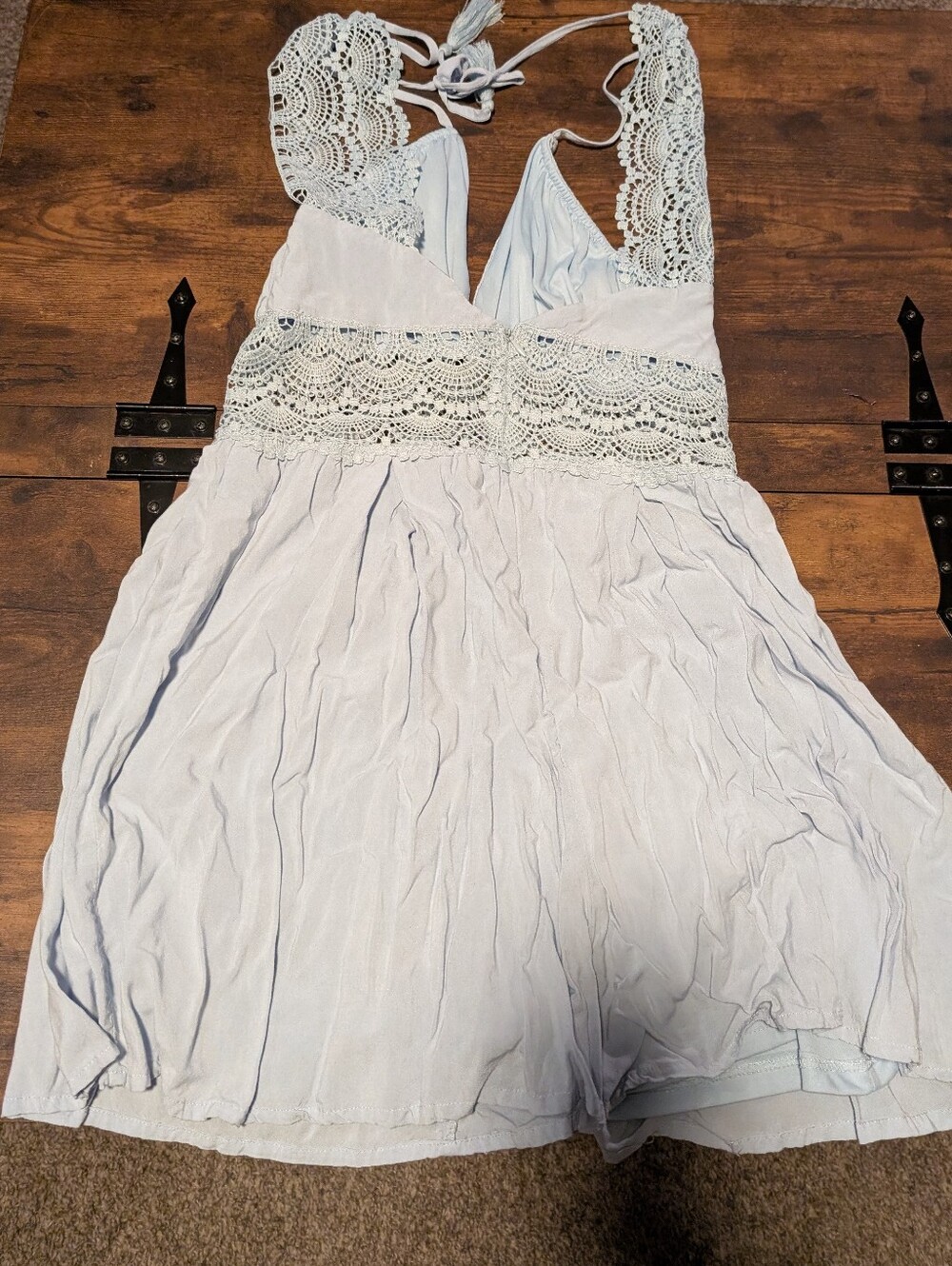 Blue Rain Light Blue Crochet Lace Halter Romper